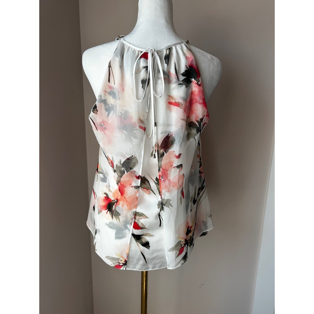 White House Black Market Floral Halter Top XS White Pink Watercolor Chiffon - Picture 6 of 9
